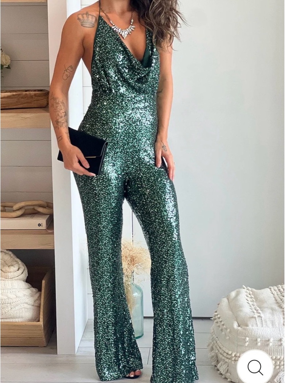 Sequin Halter Jumpsuit in Emerald Green